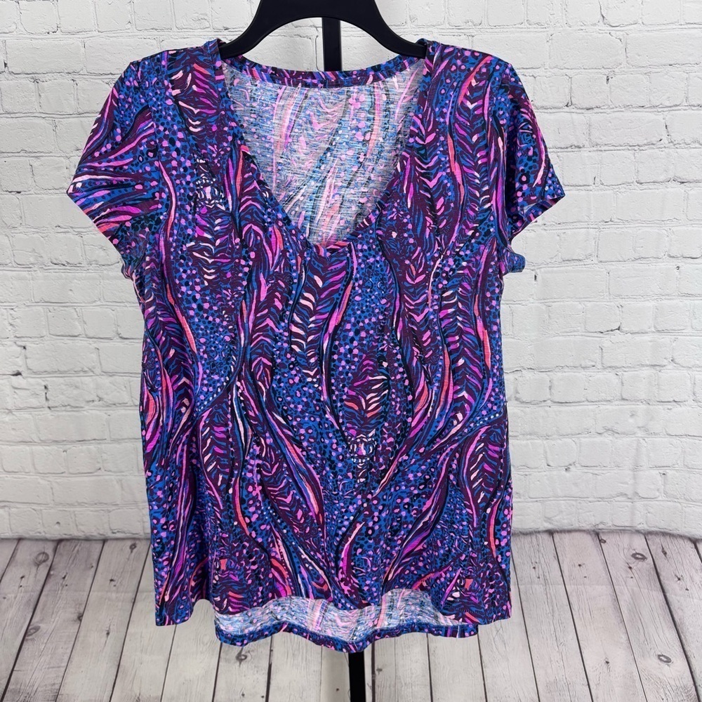 Lilly Pulitzer Etta V-Neck Blue Flare Always Pawsitive Top Size Medium